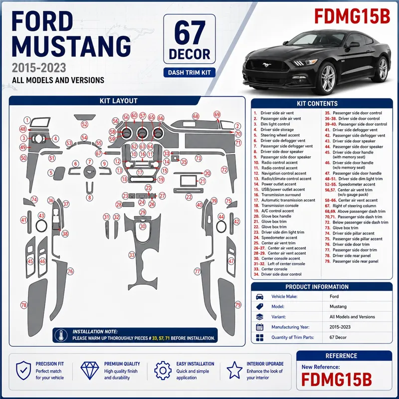 Ford Mustang 2015-2023 kit rivestimento cruscotto e interni 3D 67 pezzi