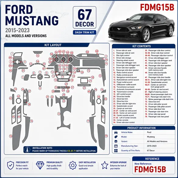 Ford Mustang 2015-2023 kit rivestimento cruscotto e interni 3D 67 pezzi
