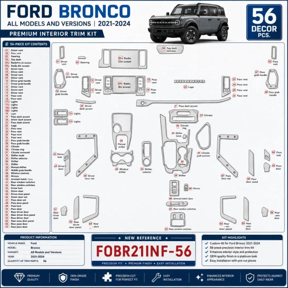 Ford Bronco 2021-2024 kit rivestimento cruscotto e interni 3D 56 pezzi