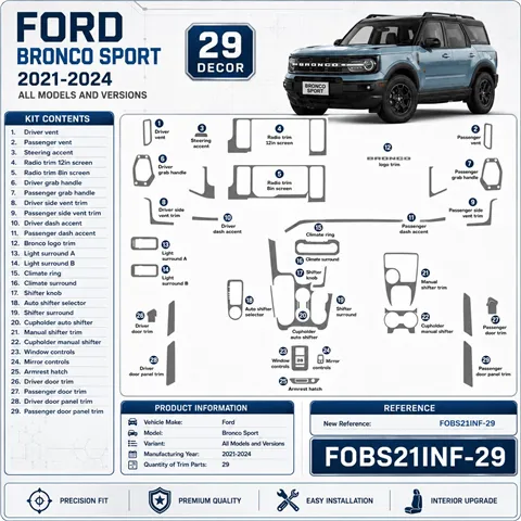 Ford Bronco Sport 2021-2024 kit rivestimento cruscotto e interni 3D 29 pezzi