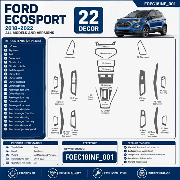 Ford EcoSport 2018-2022 kit rivestimento cruscotto e interni 3D 22 pezzi