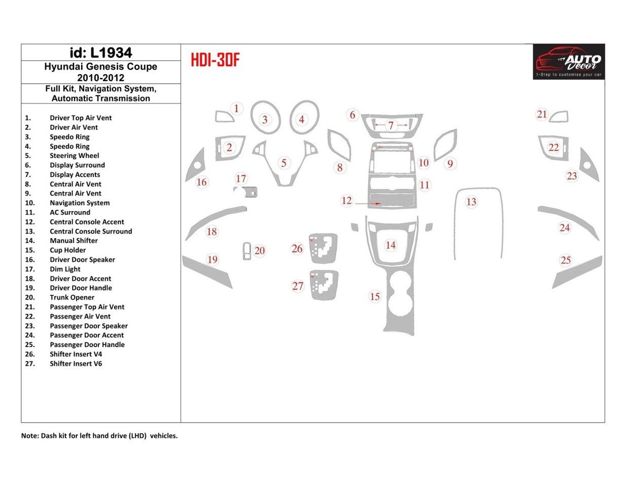 Hyundai Genesis Coupe 2010-2012 Full Set, Navigation system, Automatic Gearbox Cruscotto BD Rivestimenti interni