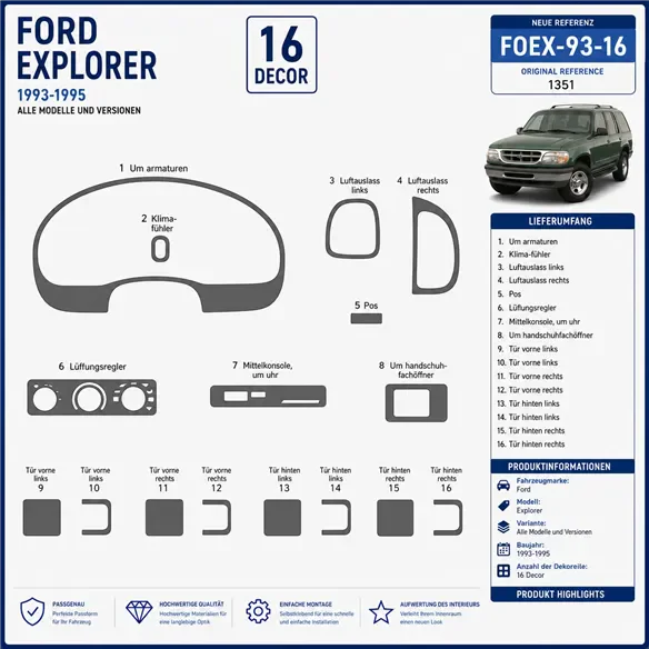 Ford Explorer 1993-1995 kit rivestimento cruscotto e interni 3D 16 pezzi