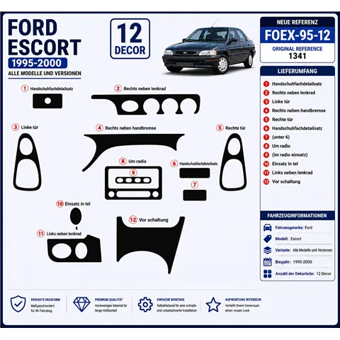 Ford Escord 1995-2000 kit rivestimento cruscotto e interni 3D 12 pezzi 2