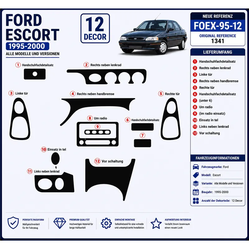 Ford Escord 1995-2000 kit rivestimento cruscotto e interni 3D 12 pezzi
