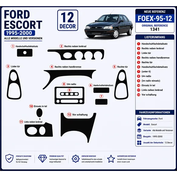Ford Escord 1995-2000 kit rivestimento cruscotto e interni 3D 12 pezzi