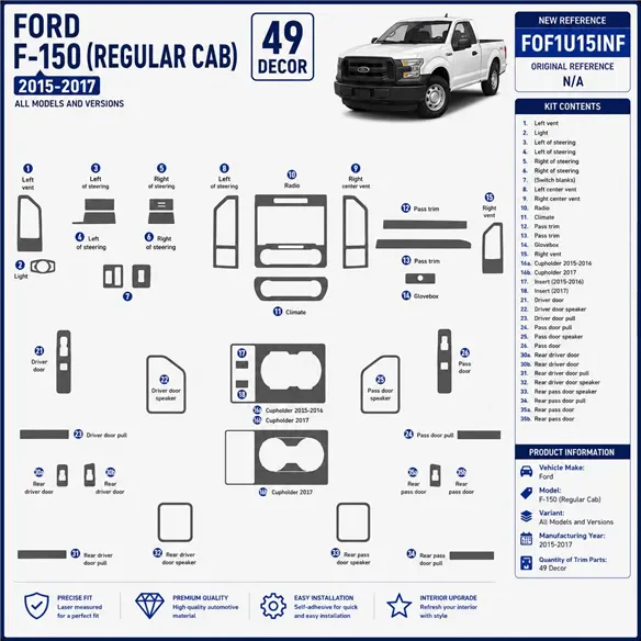 Ford F-150 (REGULAR CAB) | 2015-2017 kit rivestimento cruscotto e interni 3D 49 pezzi