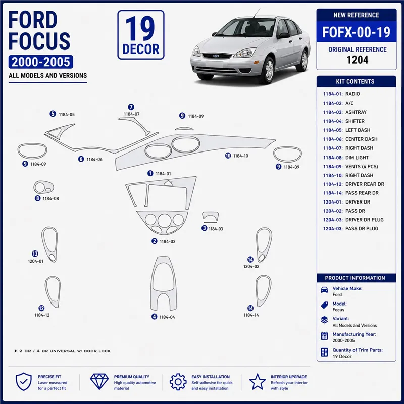 Ford Focus 2000-2005 kit rivestimento cruscotto e interni 3D 19 pezzi