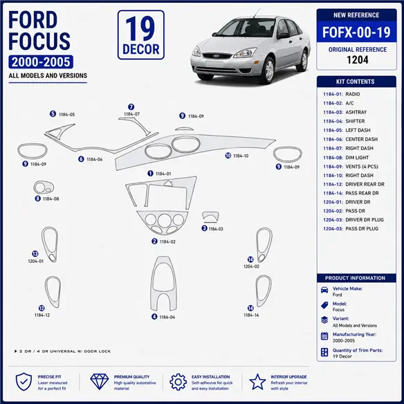 Ford Focus 2000-2005 kit rivestimento cruscotto e interni 3D 19 pezzi