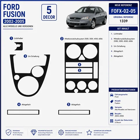 Ford Fusion 2002-2005 kit rivestimento cruscotto e interni 3D 5 pezzi