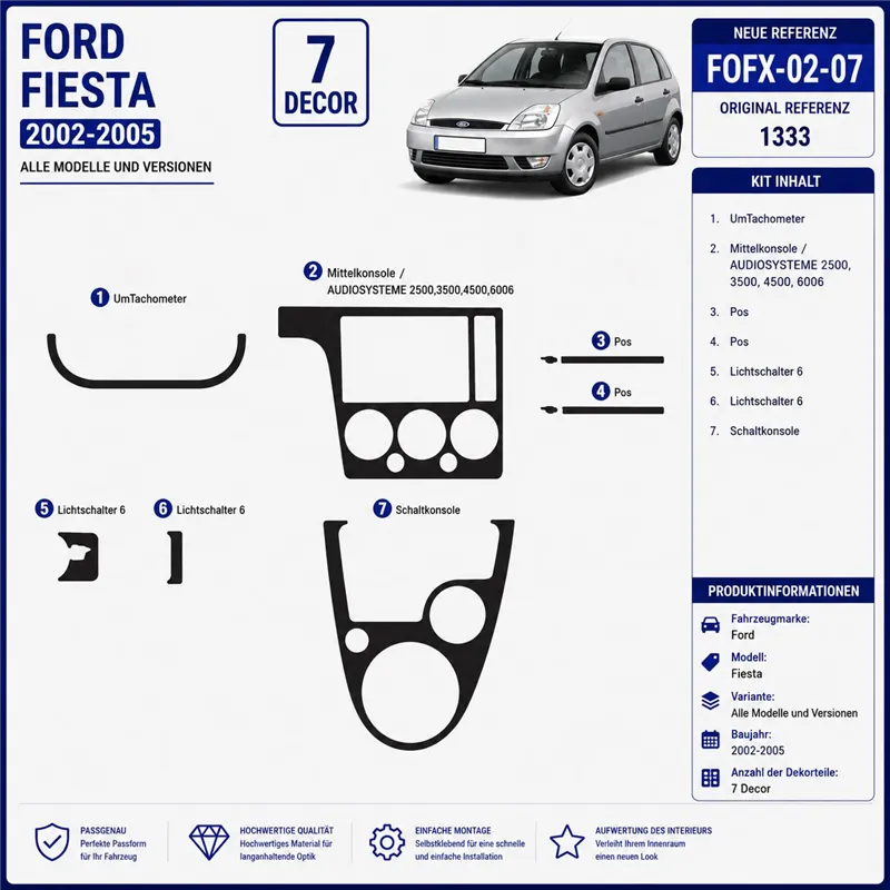Ford Fiesta 2002-2005 kit rivestimento cruscotto e interni 3D 7 pezzi