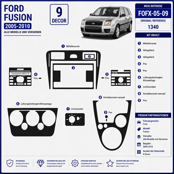Ford Fusion 2005-2010 kit rivestimento cruscotto e interni 3D 9 pezzi