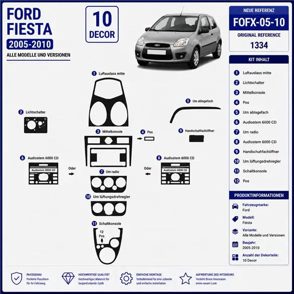 Ford Fiesta 2005-2010 kit rivestimento cruscotto e interni 3D 10 pezzi
