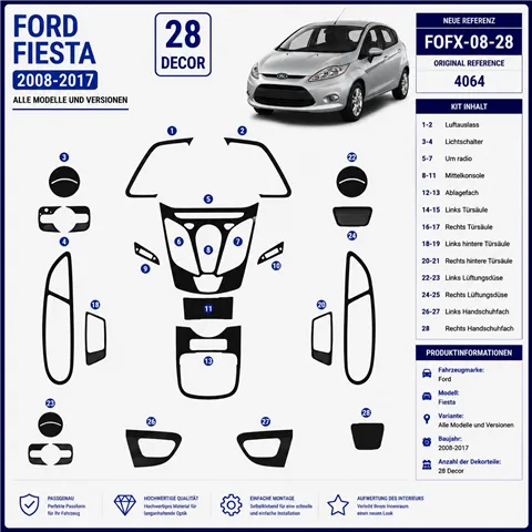 Ford Fiesta 2008-2017 kit rivestimento cruscotto e interni 3D 28 pezzi