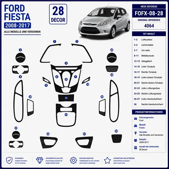 Ford Fiesta 2008-2017 kit rivestimento cruscotto e interni 3D 28 pezzi