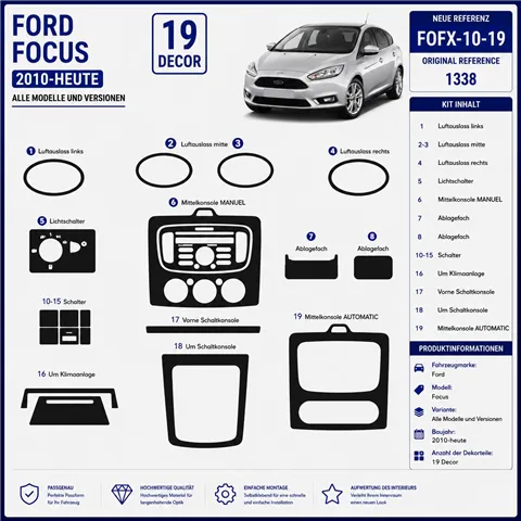 Ford Focus 2010-in poi kit rivestimento cruscotto e interni 3D 19 pezzi