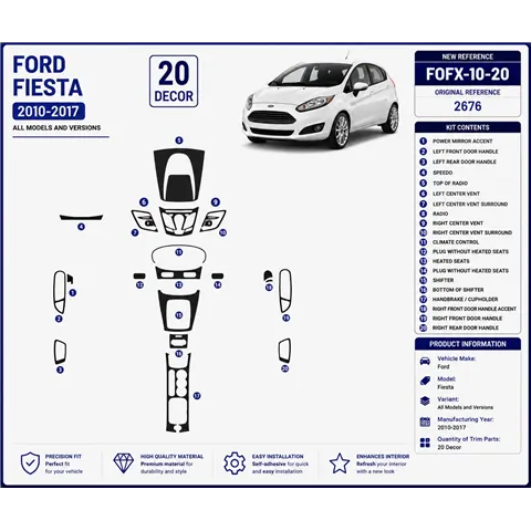Ford Fiesta 2010-2017 kit rivestimento cruscotto e interni 3D 20 pezzi