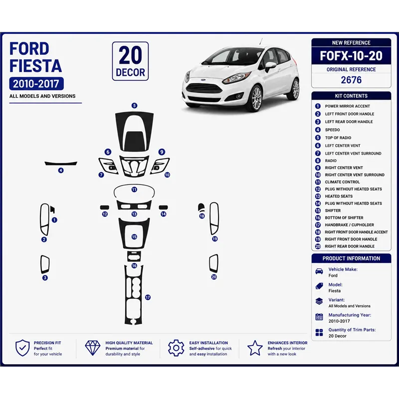 Ford Fiesta 2010-2017 kit rivestimento cruscotto e interni 3D 20 pezzi