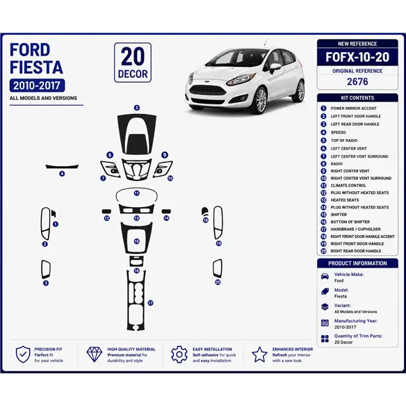 Ford Fiesta 2010-2017 kit rivestimento cruscotto e interni 3D 20 pezzi
