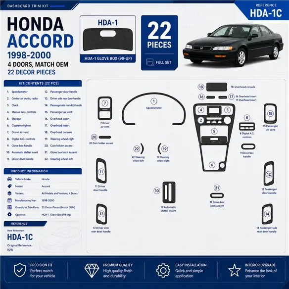 Honda Accord 1998-2000 4-Door; OEM Compliance kit rivestimento cruscotto e interni 3D 22 pezzi