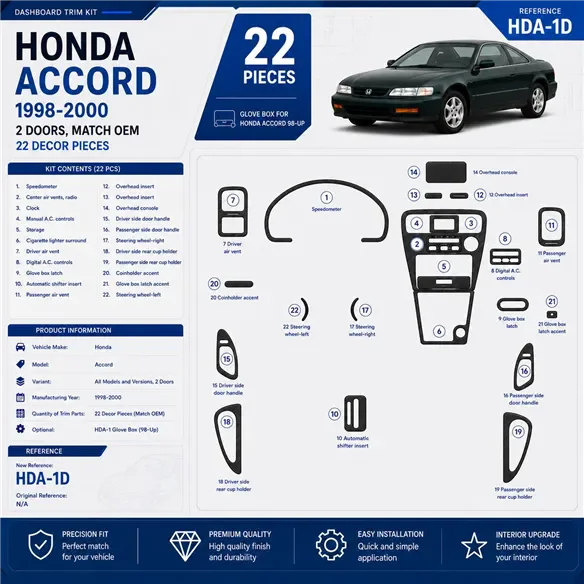 Honda Accord 1998-2000 2 porte; Mtach OEM kit rivestimento cruscotto e interni 3D 22 pezzi