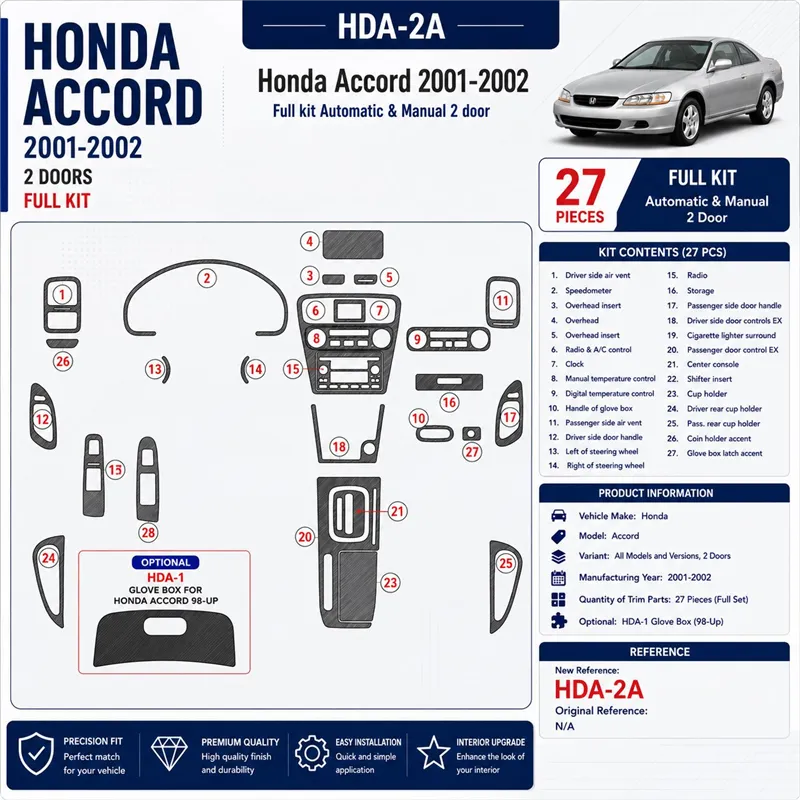 Honda Accord 2001-2002 2 porte; set completo kit rivestimento cruscotto e interni 3D 27 pezzi
