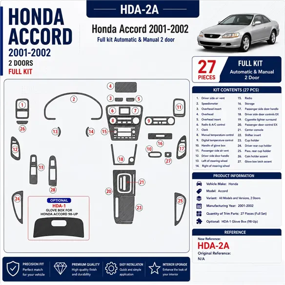 Honda Accord 2001-2002 2 porte; set completo kit rivestimento cruscotto e interni 3D 27 pezzi