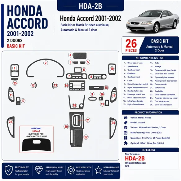 Honda Accord 2001-2002 2 porte; Basic Set kit rivestimento cruscotto e interni 3D 26 pezzi