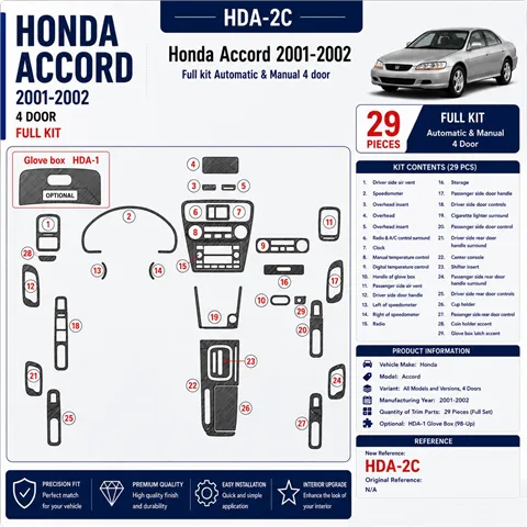 Honda Accord 2001-2002 4-Door; set completo kit rivestimento cruscotto e interni 3D 29 pezzi