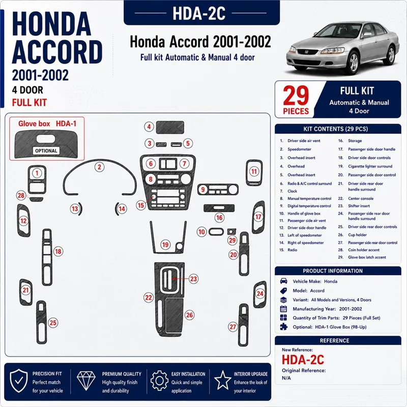 Honda Accord 2001-2002 4-Door; set completo kit rivestimento cruscotto e interni 3D 29 pezzi