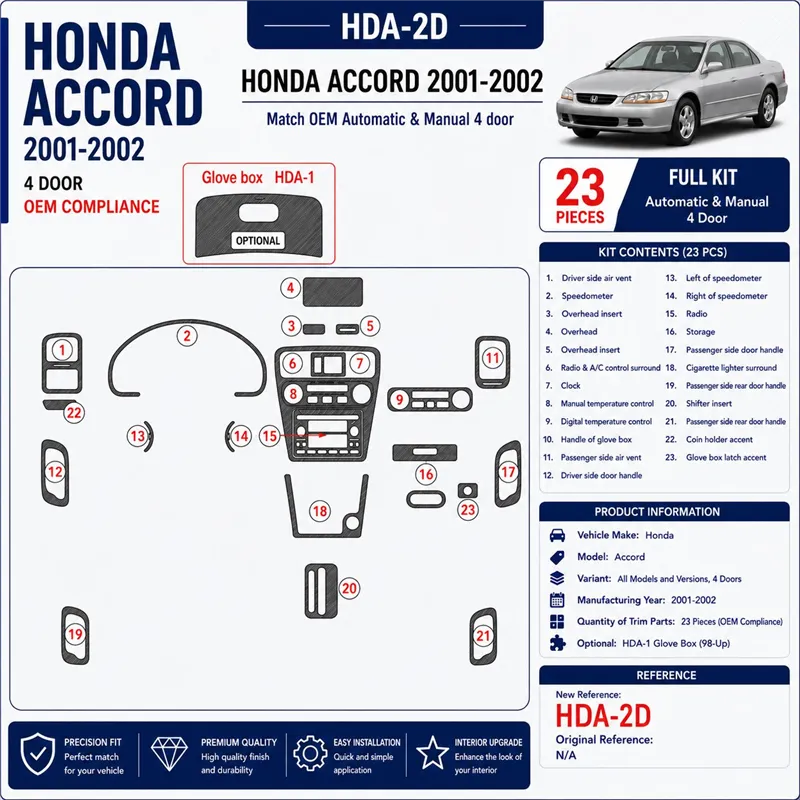 Honda Accord 2001-2002 4-Door; OEM Compliance kit rivestimento cruscotto e interni 3D 23 pezzi