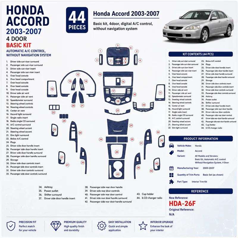 Honda Accord 2003-2007 Basic Set; Automatic A / C control; No navigatore, 4-Door kit rivestimento cruscotto e interni 3D
