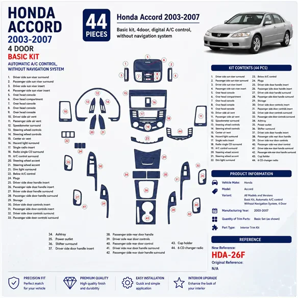 Honda Accord 2003-2007 Basic Set; Automatic A / C control; No navigatore, 4-Door kit rivestimento cruscotto e interni 3D