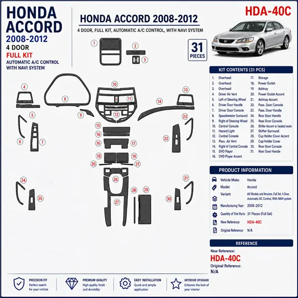 Honda Accord 2008-2012 set completo, 4-Door; Automatic comandi climatizzatore; con sistema di navigazione kit rivestimento crusc