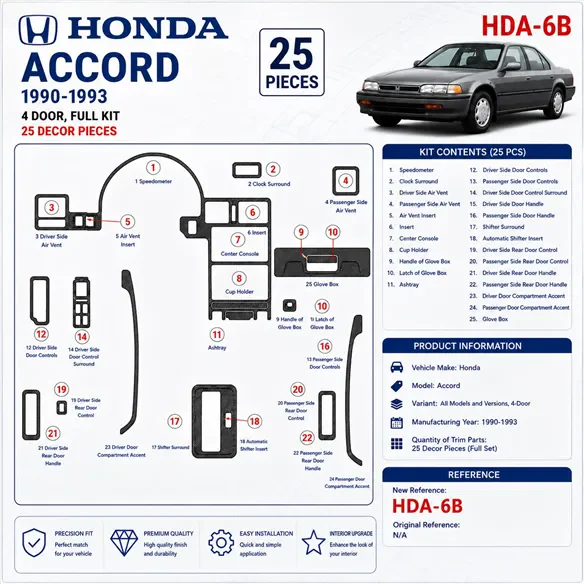 Honda Accord 1990-1993 4-Door; set completo kit rivestimento cruscotto e interni 3D 25 pezzi