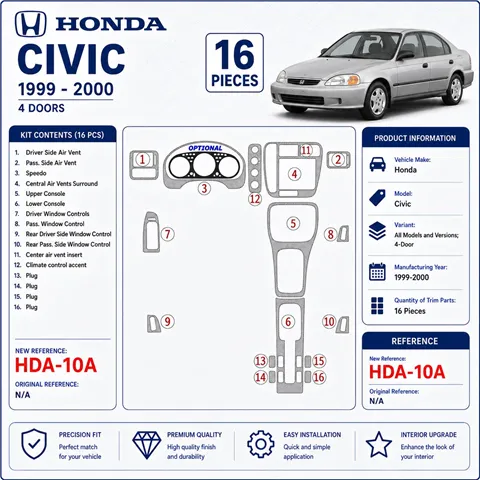Honda Civic 1999-2000 4-Door kit rivestimento cruscotto e interni 3D 16 pezzi