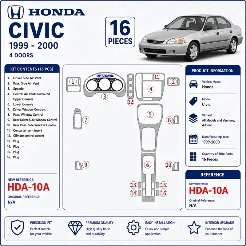 Honda Civic 1999-2000 4-Door kit rivestimento cruscotto e interni 3D 16 pezzi