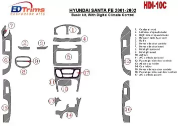Hyundai Santa Fe 2001-2002 Basic Set, With Automatic Climate Control, 17 Parts set Cruscotto BD Rivestimenti interni