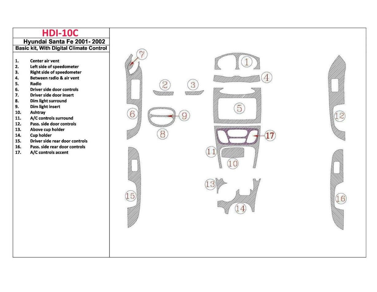 Hyundai Santa Fe 2001-2002 Basic Set, With Automatic Climate Control, 17 Parts set Cruscotto BD Rivestimenti interni