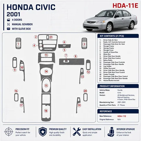 Honda Civic 2001-2001 cambio manuale, 4-Door; con glowe-box kit rivestimento cruscotto e interni 3D 21 pezzi