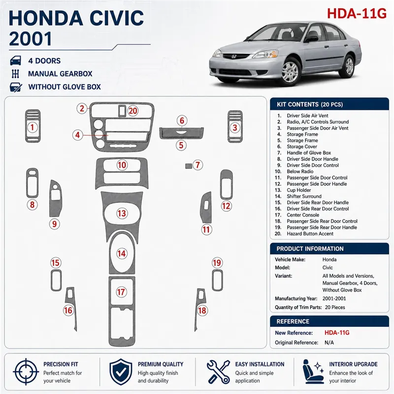 Honda Civic 2001-2001 cambio automatico, 2 porte; senza glowe-box kit rivestimento cruscotto e interni 3D 16 pezzi