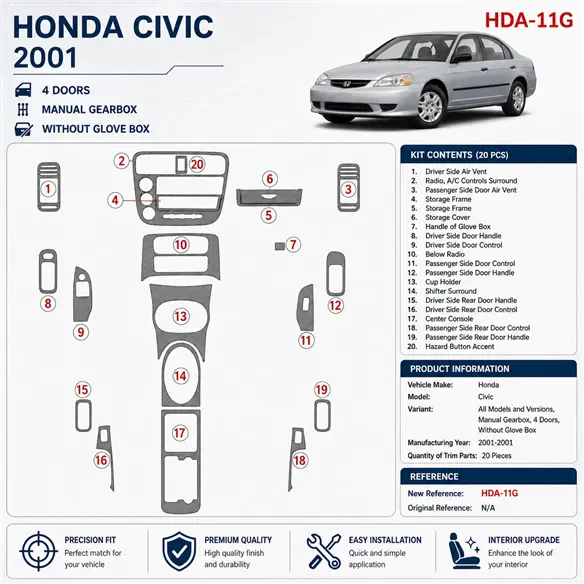 Honda Civic 2001-2001 cambio automatico, 2 porte; senza glowe-box kit rivestimento cruscotto e interni 3D 16 pezzi