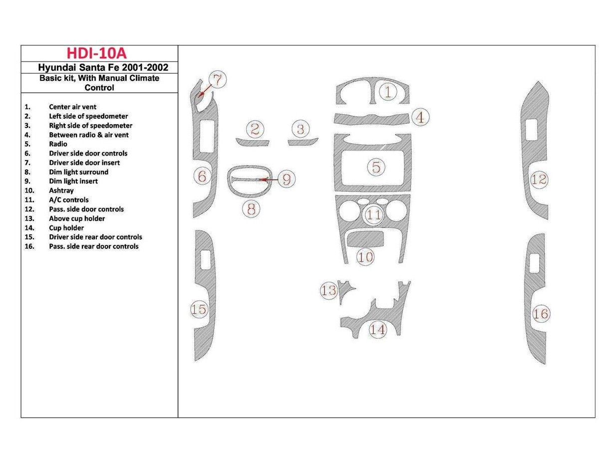 Hyundai Santa Fe 2001-2002 Basic Set, With Manual Gearbox, Climate Control, 16 Parts set Cruscotto BD Rivestimenti interni