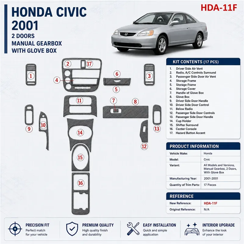 Honda Civic 2001-2001 cambio manuale, 2 porte; con glowe-box kit rivestimento cruscotto e interni 3D 17 pezzi