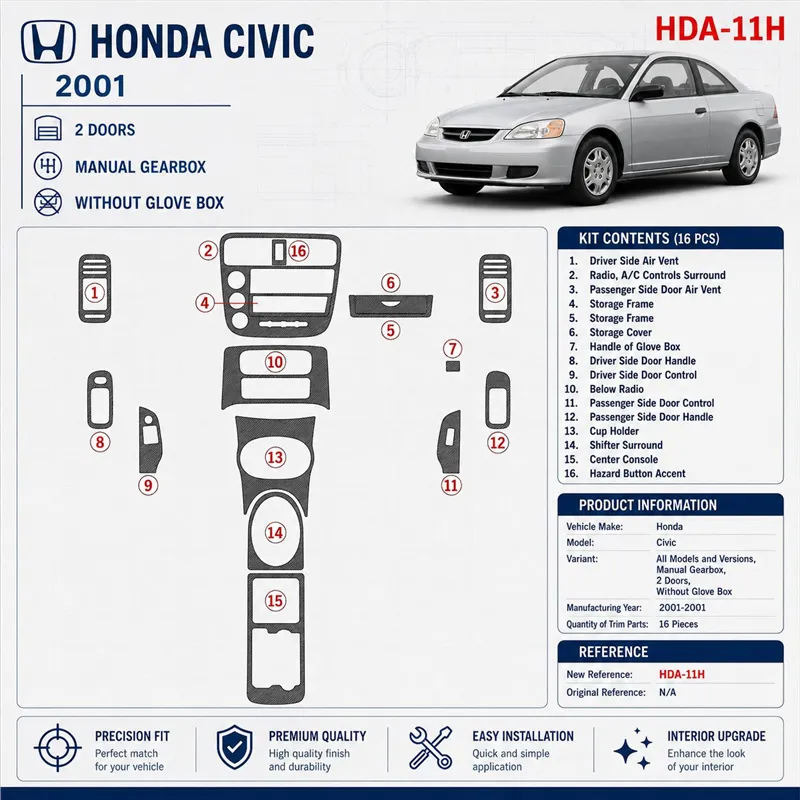 Honda Civic 2001-2001 cambio manuale, 2 porte; senza glowe-box kit rivestimento cruscotto e interni 3D 16 pezzi