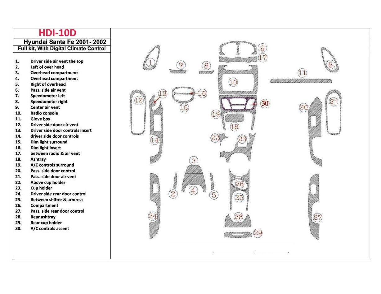 Hyundai Santa Fe 2001-2002 Full Set, With Automatic Climate Control, 30 Parts set Cruscotto BD Rivestimenti interni