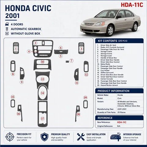 Honda Civic 2001-2001 cambio automatico, 4-Door; senza glowe-box kit rivestimento cruscotto e interni 3D 20 pezzi