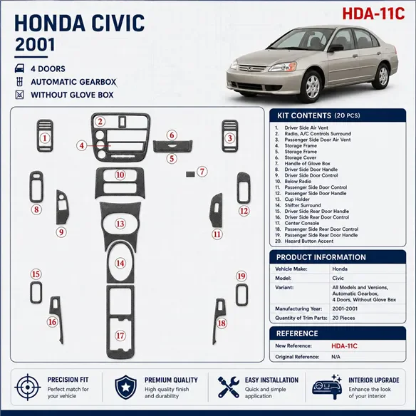 Honda Civic 2001-2001 cambio automatico, 4-Door; senza glowe-box kit rivestimento cruscotto e interni 3D 20 pezzi