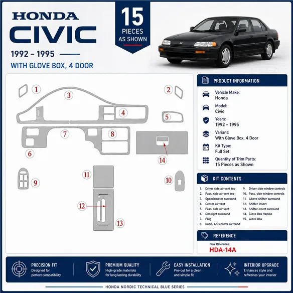 Honda Civic 1992-1995 2 porte; con glowe-box kit rivestimento cruscotto e interni 3D