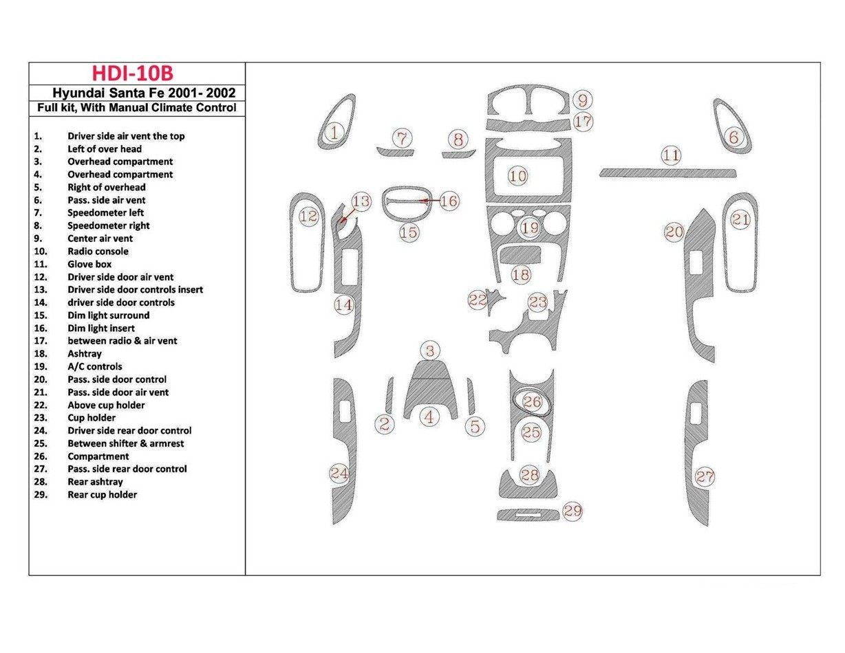 Hyundai Santa Fe 2001-2002 Full Set, With Manual Gearbox, Climate Control, 29 Parts set Cruscotto BD Rivestimenti interni Hyundai Santa Fe 2001-2002 Full Set, With Manual Gearbox, Climate Control, 29 Parts set Cruscotto BD Rivestimenti interni